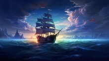 Art Illustration Of Big Ancient Pirate Ship Sailing On Rough Sea, Generative Ai 