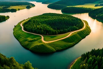 Wall Mural - A birds eye view of river in green forest generated by AI tool