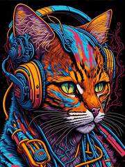 Naklejka na meble Cat in headphones flat vector style illustration for sticker, clip art, vintage t-shirt design.