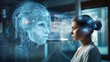 light trail network on woman head with hologram smart screen, idea for neurolink research education concept, Generative Ai