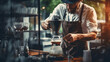 Professional hipster barista making drip brewing, filtered coffee or pour over coffee with hot water and filter paper in coffee shop cafe, black vintage tone of fresh caffeine aroma beverage