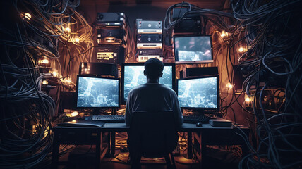 Person connected by cable to a large computer across the room, a bunch of monitors, light bulbs