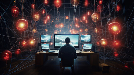 Person connected by cable to a large computer across the room, a bunch of monitors, light bulbs