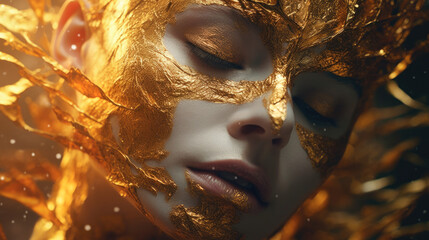 Close up of woman's face with eyes closed and gold leaft on her face.