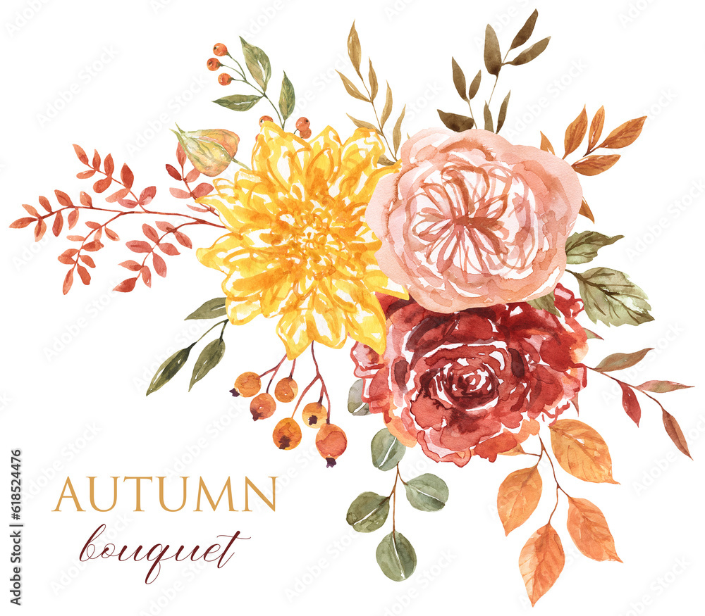 Autumn floral bouquet. Watercolor hand-painted fall flowers and tree leaves arrangement, isolated on white background. Botanical illustration. PNG clipart.
