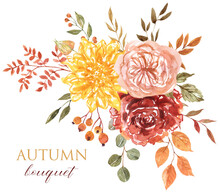 Autumn Floral Bouquet. Watercolor Hand-painted Fall Flowers And Tree Leaves Arrangement, Isolated On White Background. Botanical Illustration. PNG Clipart.