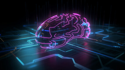 cybersecurity, closeup and neon circuit board for futuristic engineering, electrical and programming