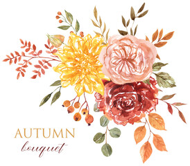 Autumn floral bouquet. Watercolor hand-painted fall flowers and tree leaves arrangement, isolated on white background. Botanical illustration. PNG clipart.