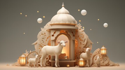 Photo eid al adha islamic decoration background with goat sheep arabic lantern crescent,AI generated. 