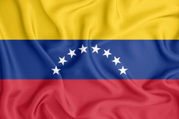 Venezuela  flag waving with the wind, wide format, 3D illustration rendring. Design with satin fabric. to be used for educational purposes or for illustrations of videos or vlogs.