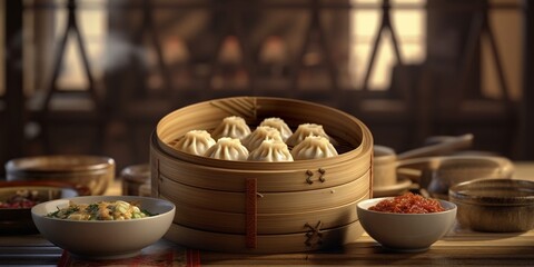 Canvas Print - Dumplings is a traditional Chinese steam food, AI Generateand