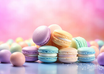 Wall Mural - A large pile of delicious pastel-colored macarons rests on a candy-colored palette background. Generative AI.