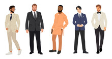 Set Of Different Businessman Characters In Formal Or Black Tie Outfits. Stylish Handsome Guys Wearing Formal Suits And Tuxedo. Vector Realistic Illustrations Isolated On Transparent Background.