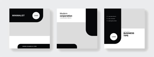 editable social media layouts with minimal design and black graphic elements, rounded corners, monochrome, instagram and facebook templates, modern business graphic ideas