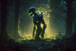 Alien predator walks through the forest - atmosphere of fear