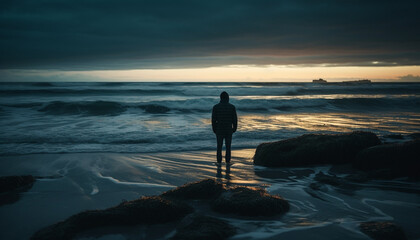 Sticker - Silhouette of man standing on serene coastline generated by AI