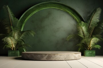 Natural stone podium palm leaf shade in green background shade Beauty cosmetic showcase
