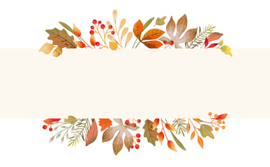 Wall Mural - Autumn banner with watercolor leaves, branches and berries isolated on white background. Fall season vector illustration for greeting cards, invitations, quotes and decorations