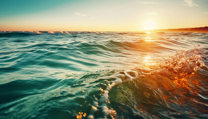 Sticker - Sunset over water, waves splashing on sand generated by AI