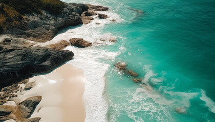 Poster - Transparent waves break on idyllic tropical coastline generated by AI