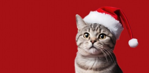 Grey cat dressed in Santa Claus hat, on red background, ai generative