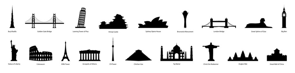 landmarks of the world. set of landmarks silhouettes. vector