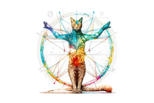 Vitruvian Cat Painted Colored Watercolors Isolated On A White Background. . Generated By AI.