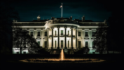 Wall Mural - Majestic monument illuminated by street lights at dusk generated by AI