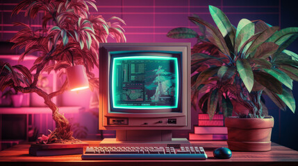Vintage computer with CRT monitor from 80s or 90s and neon colors lights