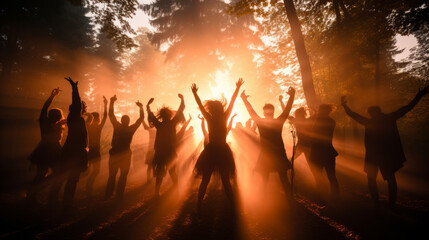 Group of free-spirited men and women performing an ecstatic dance ritual in a forest, soft warm lighting, silhouette effect