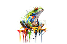 Frog Drawn Colored Watercolors Isolated On A White Background. . Generated By AI.