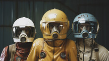 Group Of Three Science Fiction Actors On Set Of A Cheesy Television Show Or Movie In The 1970s. Colorful Uniform With Helmet And Mask.
