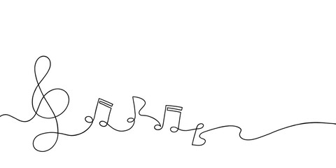 music notes continuous and treble clef one line drawing. hand drawn doodle sketch minimalism style. 