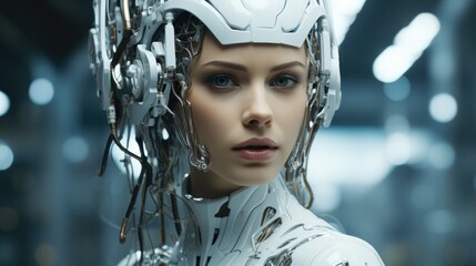 Aufkleber - Robot face like real women, Futuristic artificial intelligence robot woman.