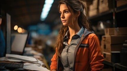 Aufkleber - Warehouse female worker checking up stuff in warehouse, Products with Delivery in Logistics, Distribution Center.