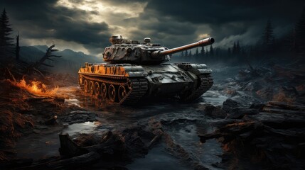 A military tank in a battlefield, Armored tank crosses a mine field during war.