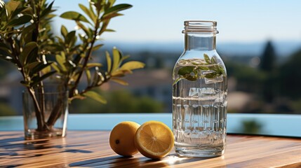 Poster - Glass of water with a bottle on table.