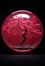A Bonsai Pot Covered In A Cherry Blossom Red Bowl, Generative Ai