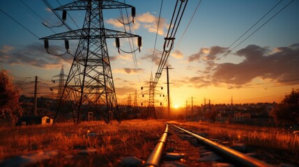 Poster - High voltage power lines at sunset,high voltage electric transmission tower.