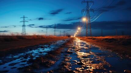 Poster - High voltage power lines at sunset,high voltage electric transmission tower.