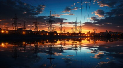 Poster - High voltage electric pole and transmission lines in the evening.