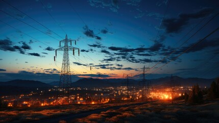 Poster - High voltage power lines at sunset,high voltage electric transmission tower.