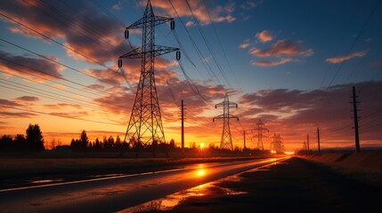 Poster - High voltage electric pole and transmission lines in the evening.