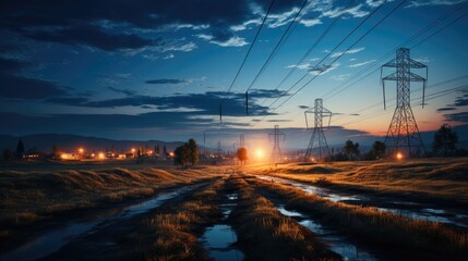 Poster - High voltage electric pole and transmission lines in the evening.