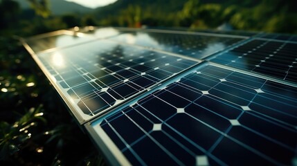 Aufkleber - Solar panels in solar farm with sun lighting to create the clean electric power.