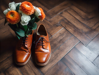 Wall Mural - men's leather brown shoes with a bouquet in one shoe on the floor
