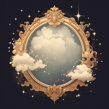 A Cloud Around An Ornate Golden Frame With Stars, In The Style Of Curved Mirrors, Generative Ai