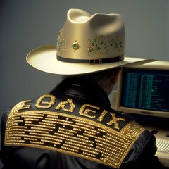 cyber cowboy make a Excel table on old school desktop computer IBM i286 on cowboy cap with diamonds and gold on jacket with text Cyber Cowboy Case 