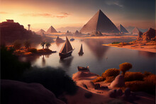 Scenic Illustration Of The Great Pyramids And Nile River. AI