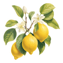 Botanical Illustration,branch With Lemons And Flowers In Retro Style, PNG. Generative AI